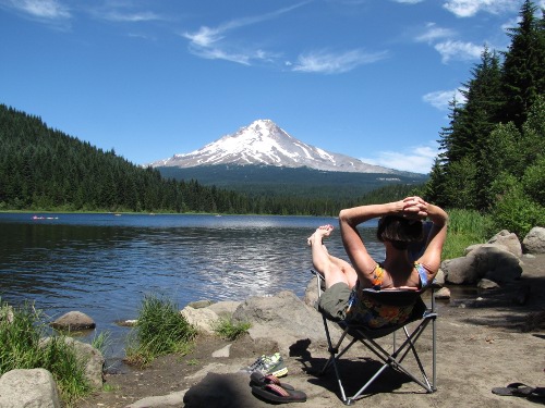 Lynelle relaxing at Trillium Lake